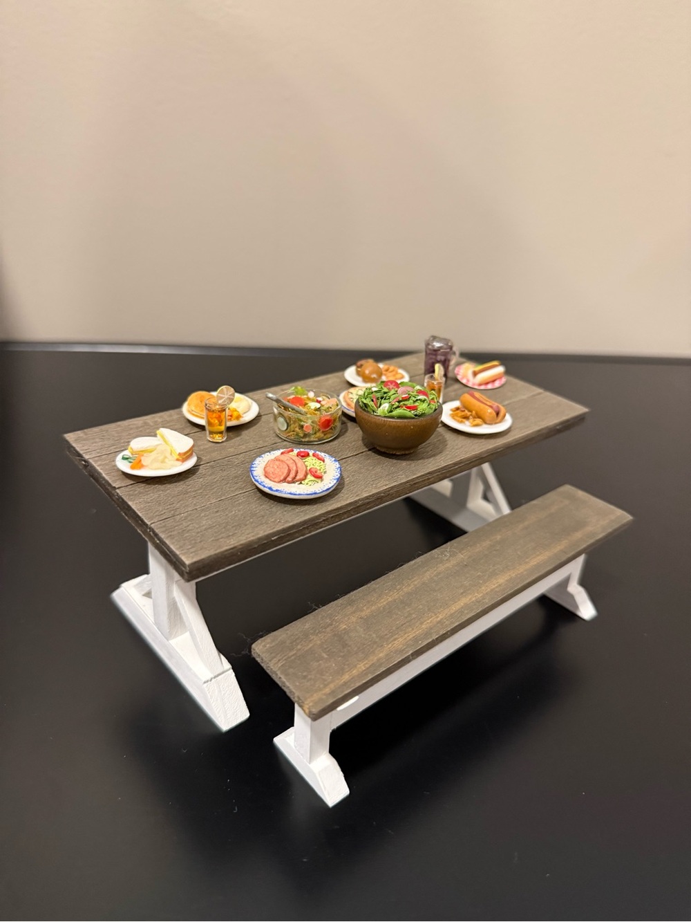 Rustic Picnic Table and Bench Set - Brown & White- dollhouse